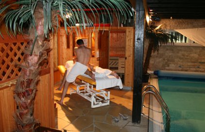 Pool mit Massageliege und Saunatüren im Fiagra.
